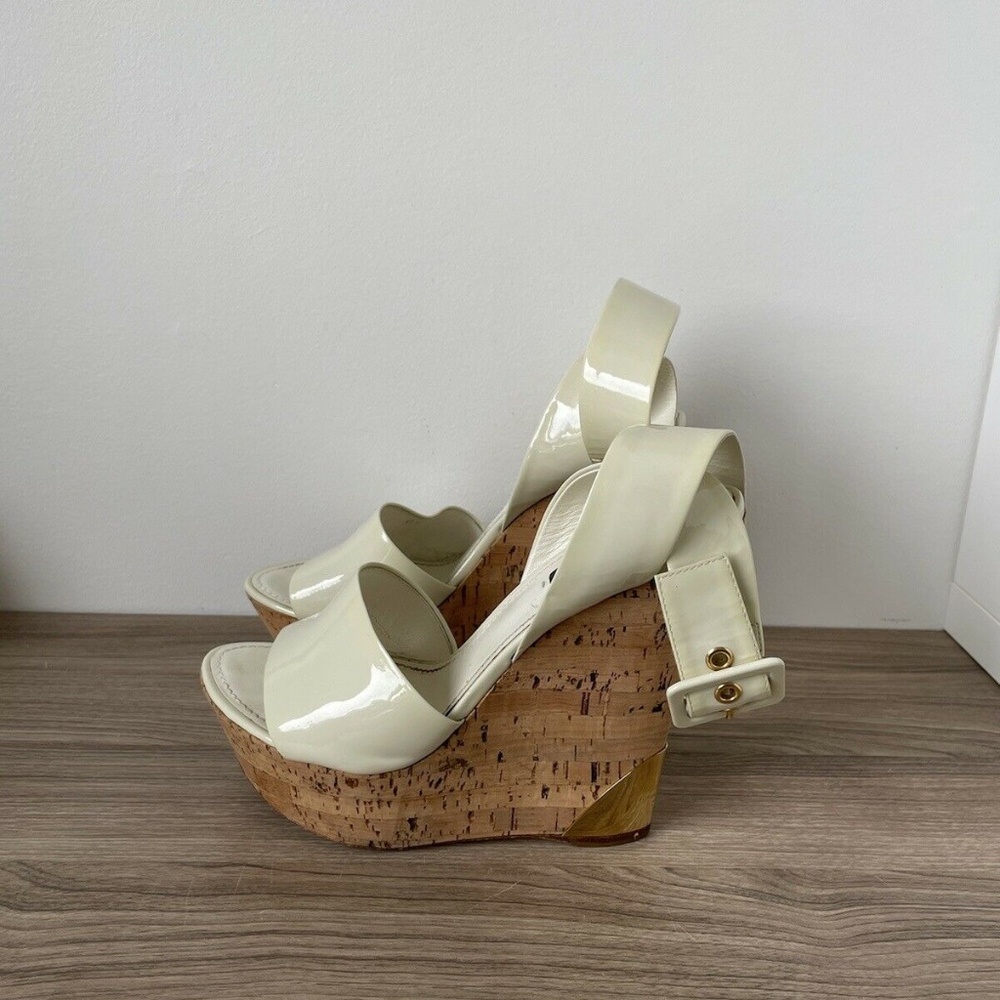 Louis Vuitton Sandal Cork Wedge Platform Heels Ankle Strap White Sz 38 / 8 US❤️